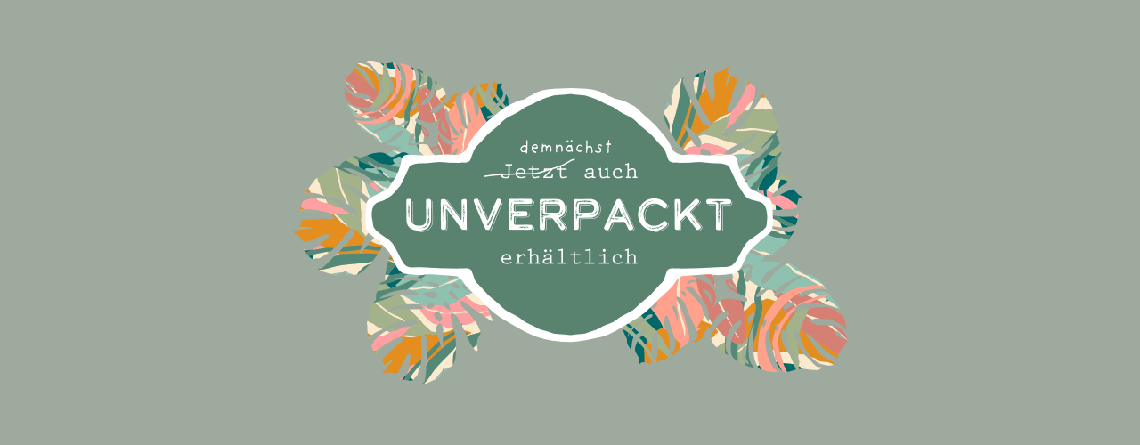 Unverpacktprojekt-Logo vor Illustrierten Blättern und grünem Hintergrund